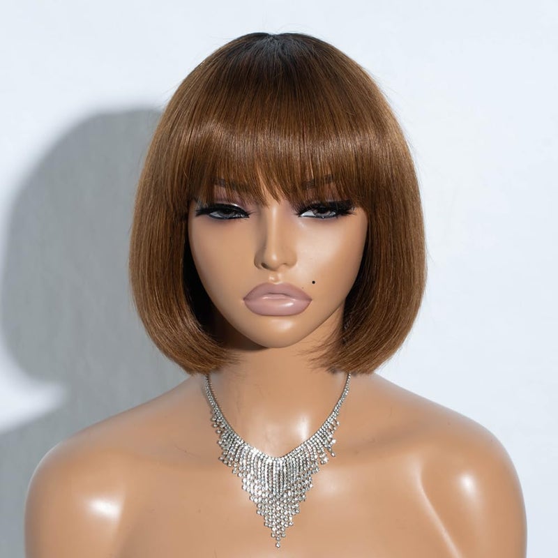 Spotlight 8 Inch Straight Bob Wig with Bangs Human Hair 180% Density Short Bob Human Hair Wigs with Bangs None Lace Front Wigs Brazilian Straight Hair Wig for Black Women (Ombre Brown, TT1B/30 Color) - Image 1